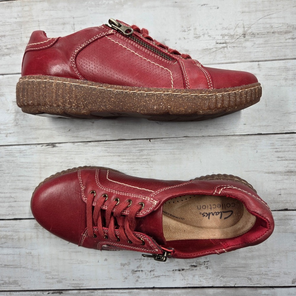 Clarks Caroline Janna Leather Shoe Women 6W Red Loafers Lace Up Side Zip Comfort